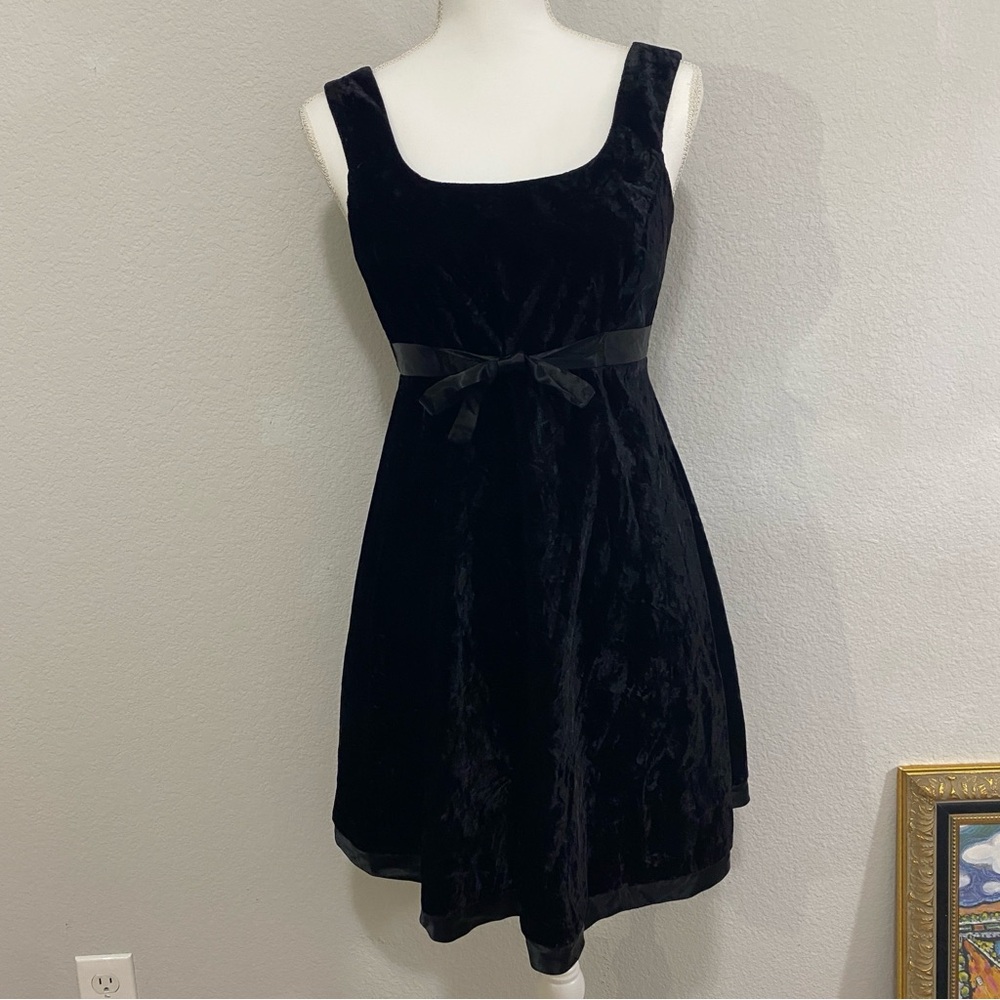 Vintage Rampage Y2K Whimsigoth Black Velvet Mini Dress, Empire Waist With Tie